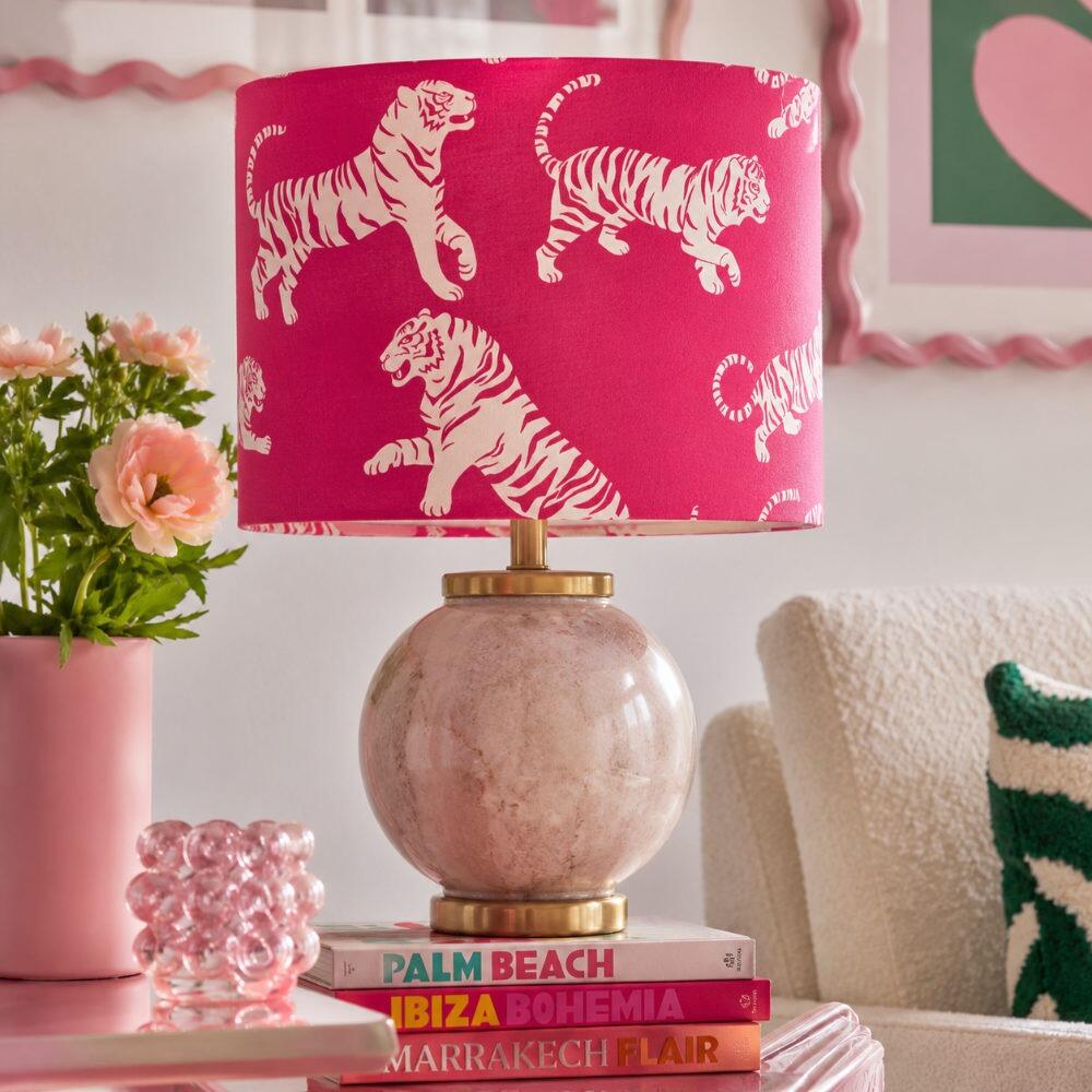 Bright Pink Tiger Tantrum Velvet Lampshade on Table Lamp