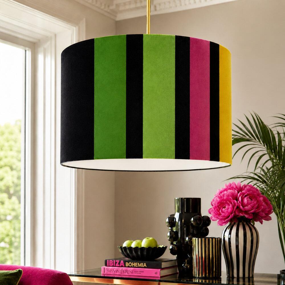 Black, Pink, Green and Yellow Stripe Velvet Lampshade on Ceiling Pendant