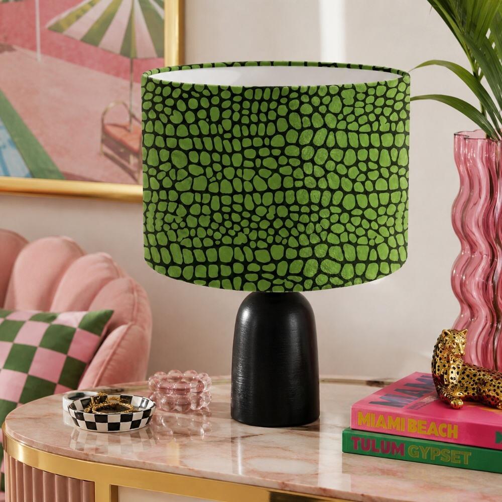 Bright Green Snakeskin Velvet Lampshade on Table Lamp