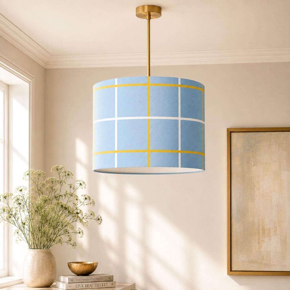 Blue and Yellow Check Velvet Lampshade on Ceiling Pendant