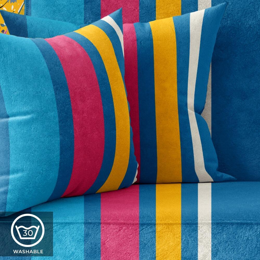 Bright Blue, Pink and Yellow Stripe Luxury Velvet Cushion