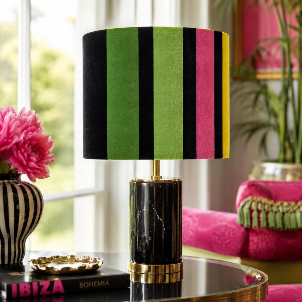 Black, Pink, Green and Yellow Stripe Velvet Lampshade on Table Lamp
