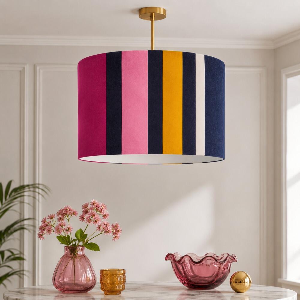 Blue, Pink and Yellow Stripe Velvet Lampshade on Ceiling Pendant