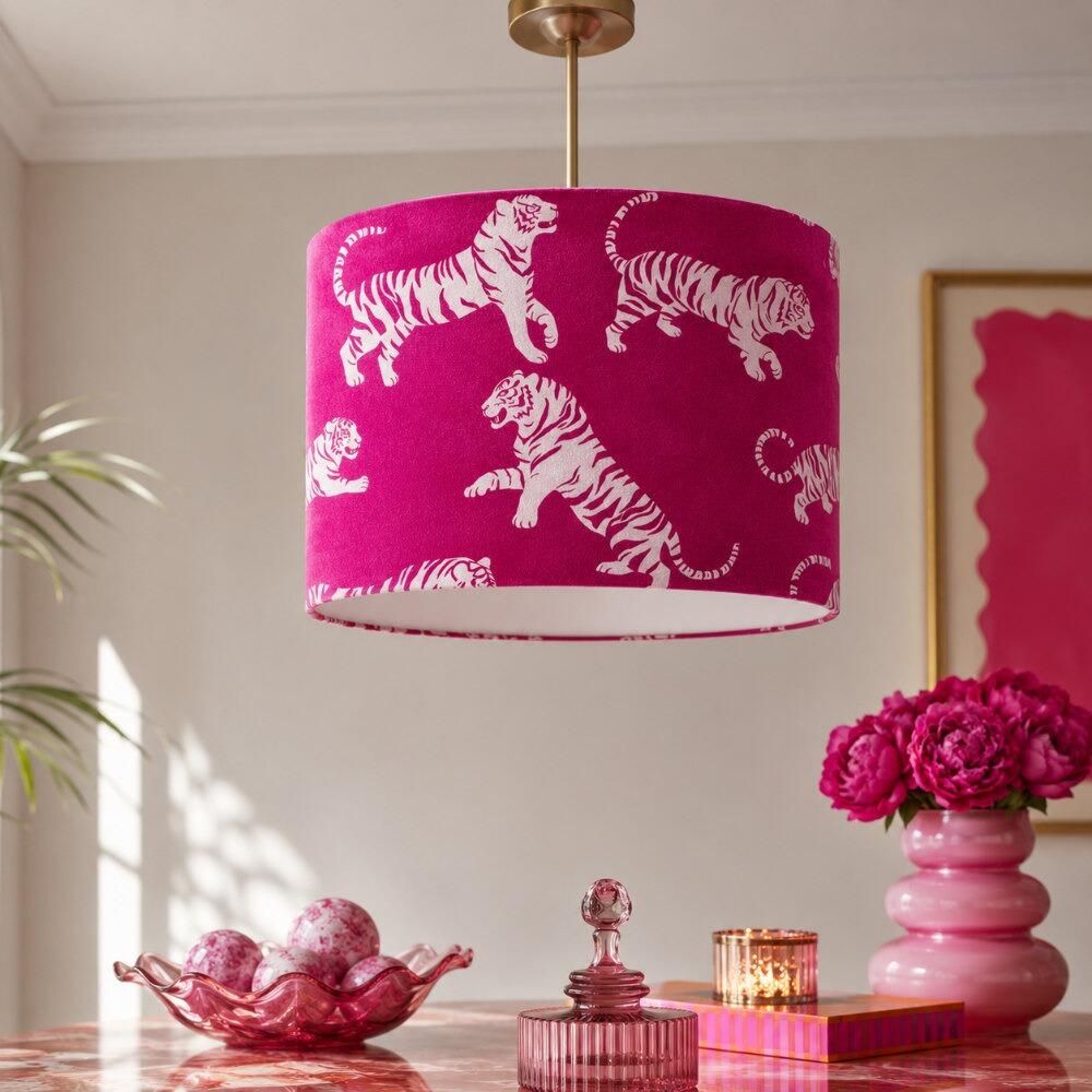 Magenta Tiger Tantrum Velvet Lampshade on Ceiling Pendant