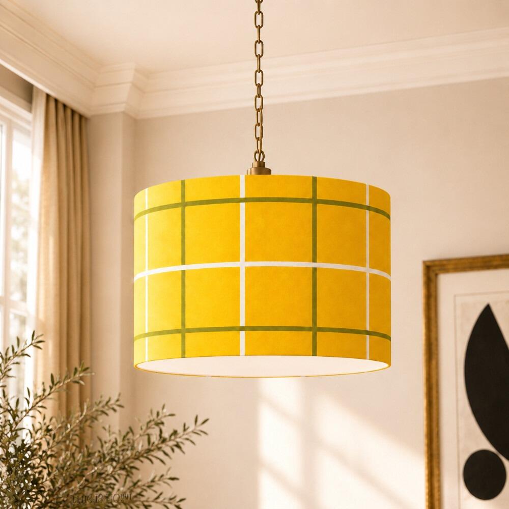 Yellow and Green Check Velvet Lampshade on Ceiling Pendant