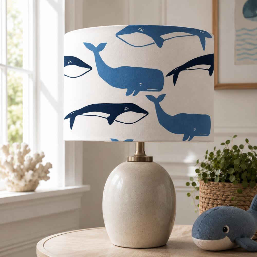 Blue Whale Velvet Lampshade on Table Lamp