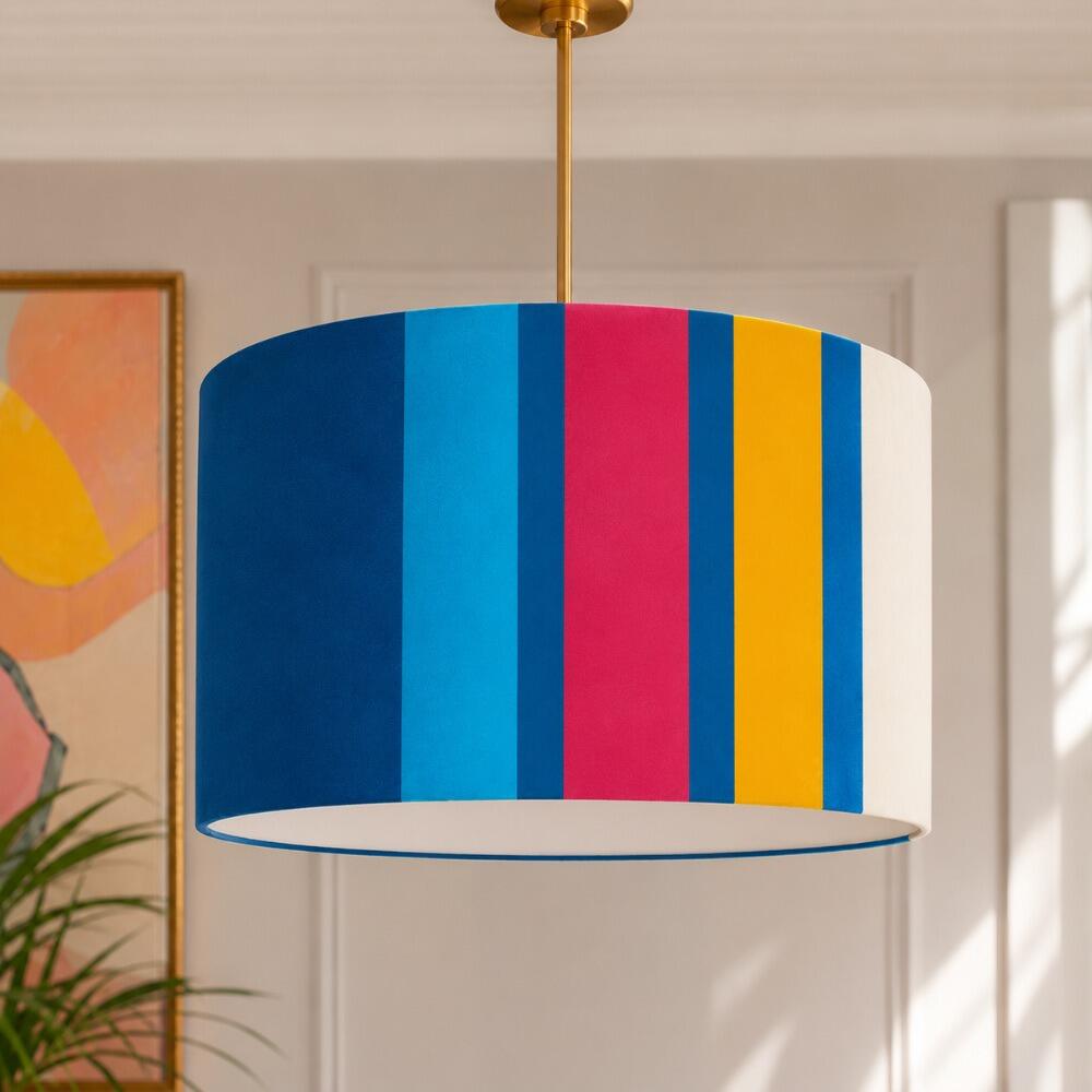 Bright Blue, Pink and Yellow Stripe Velvet Lampshade on Ceiling Pendant