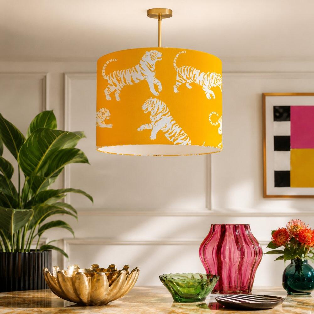 Yellow Tiger Tantrum Velvet Lampshade on Ceiling Pendant
