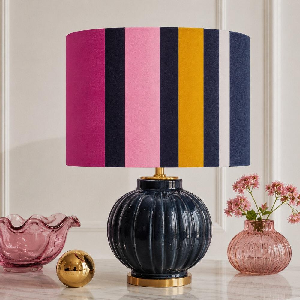 Blue, Pink and Yellow Stripe Velvet Lampshade on Table Lamp