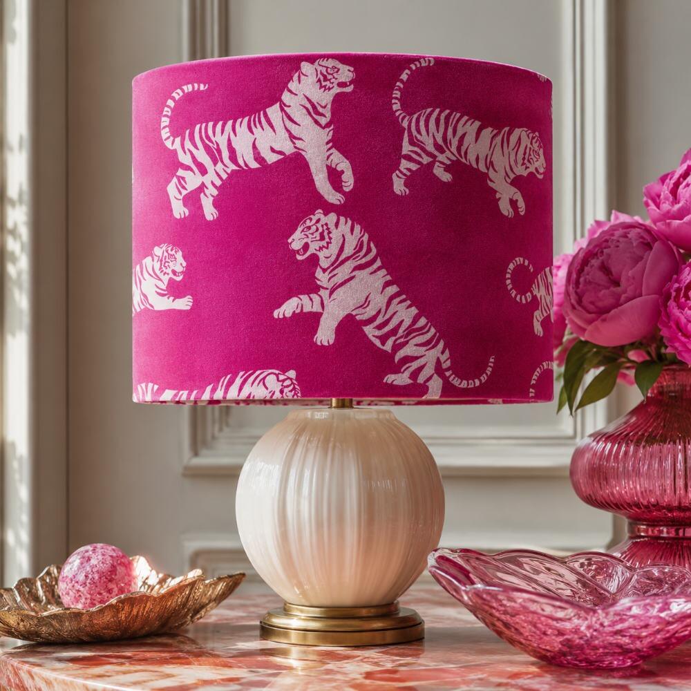 Magenta Tiger Tantrum Velvet Lampshade on Table Lamp