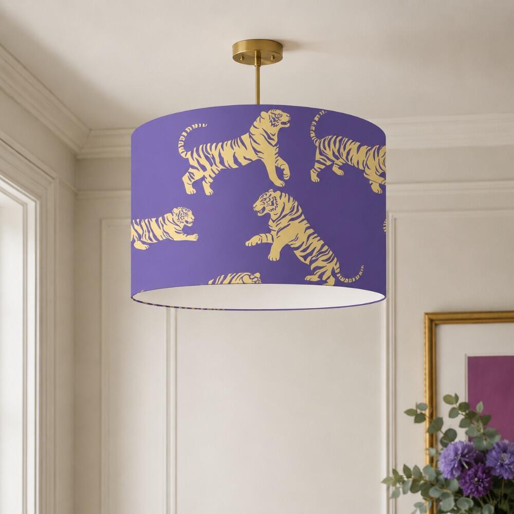Purple and Yellow Tiger Tantrum Velvet Lampshade on Ceiling Pendant