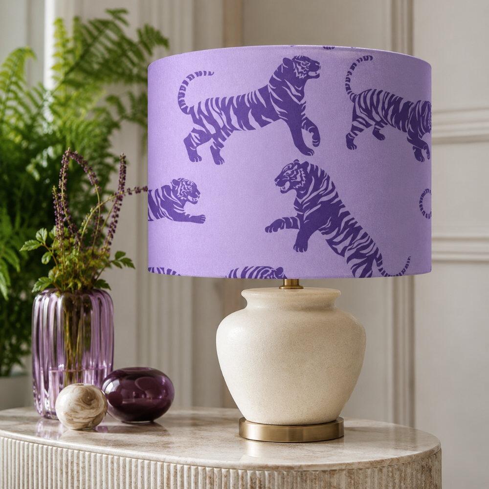 Purple Tiger Tantrum Velvet Lampshade on Table Lamp