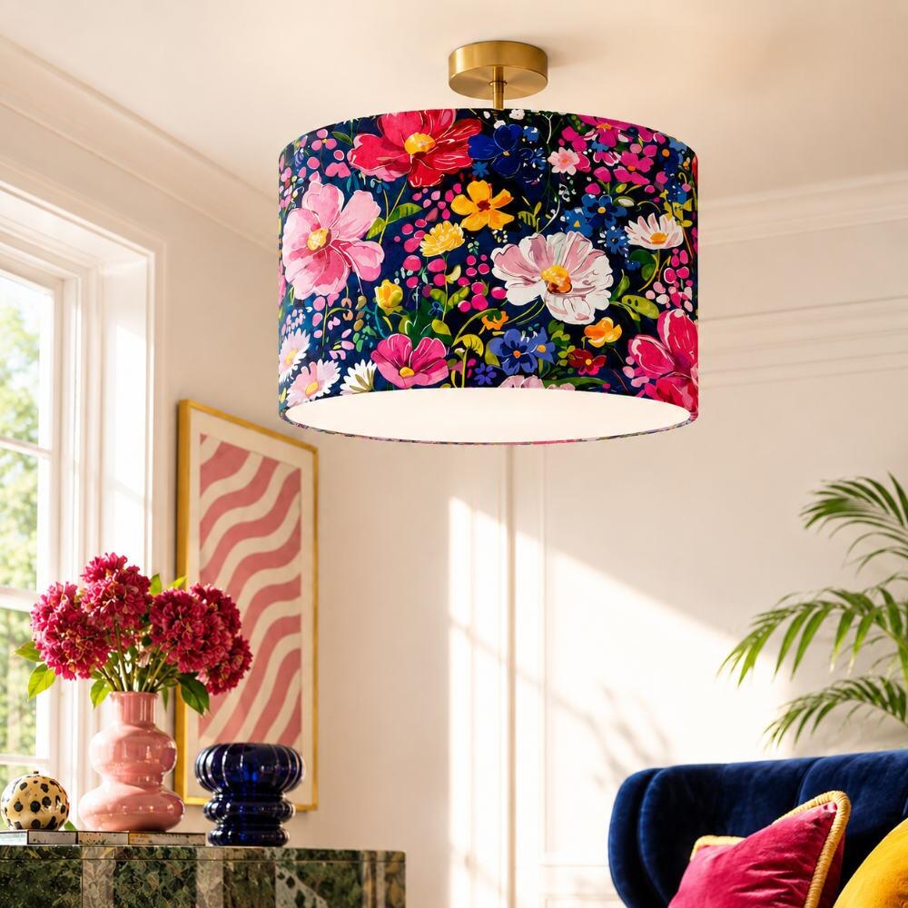 Twilight Blossoms Velvet Lampshade on Ceiling Pendant