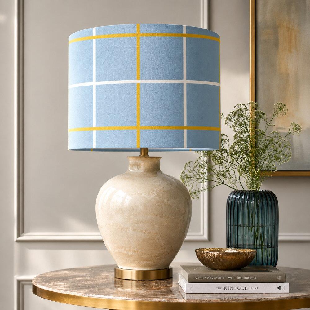 Blue and Yellow Check Velvet Lampshade on Table Lamp