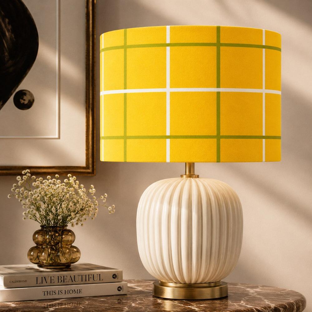 Yellow and Green Check Velvet Lampshade on Table Lamp