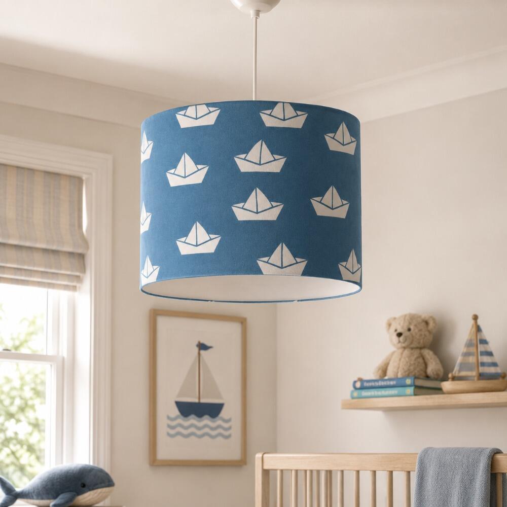 Blue Paper Boats Nautical Velvet Lampshade on Ceiling Pendant