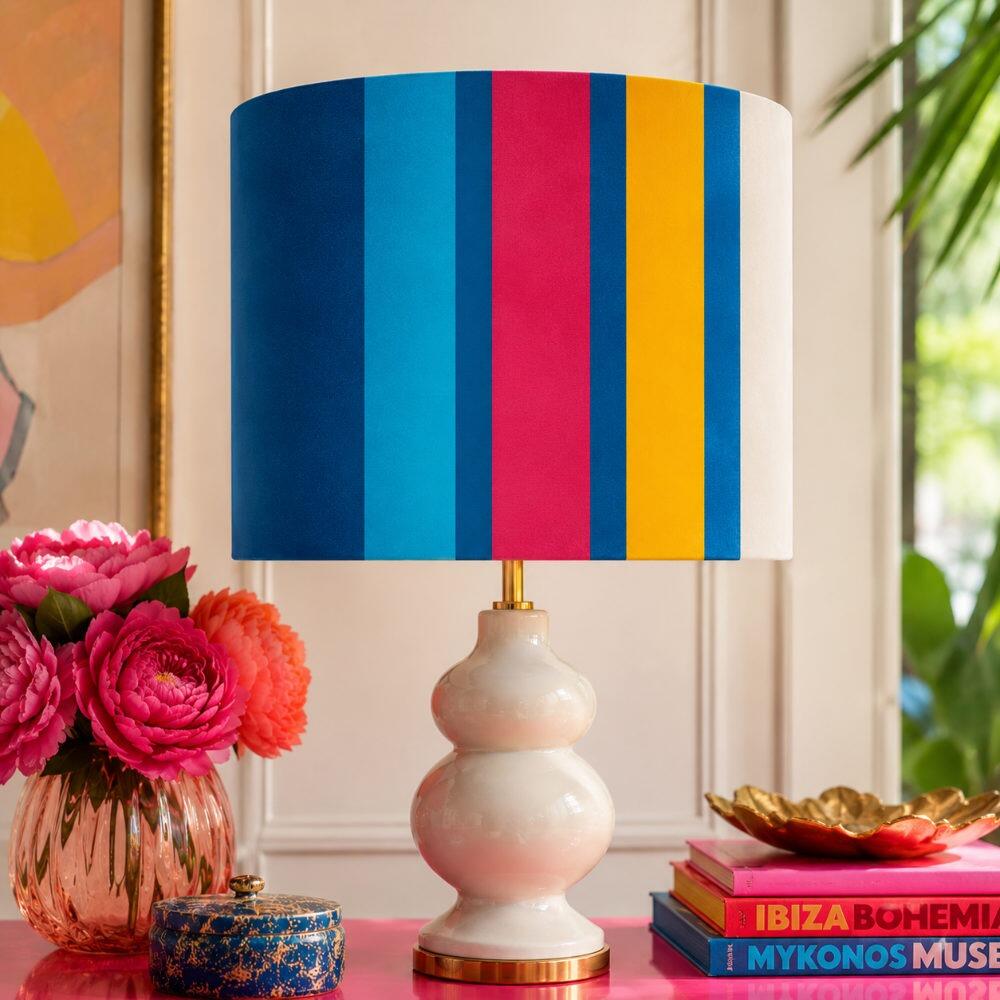 Bright Blue, Pink and Yellow Stripe Velvet Lampshade on Table Lamp