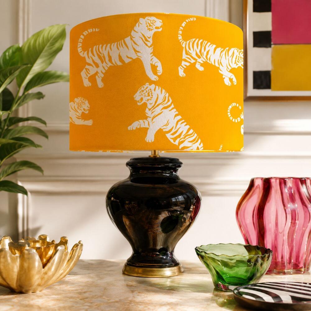 Yellow Tiger Tantrum Velvet Lampshade on Table Lamp
