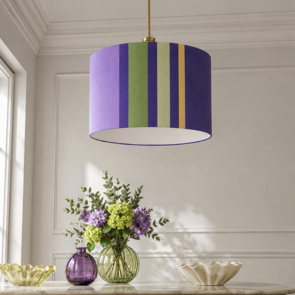 Purple and Green Stripe Velvet Lampshade on Ceiling Pendant
