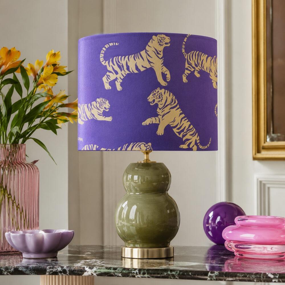 Purple and Yellow Tiger Tantrum Velvet Lampshade on Table Lamp