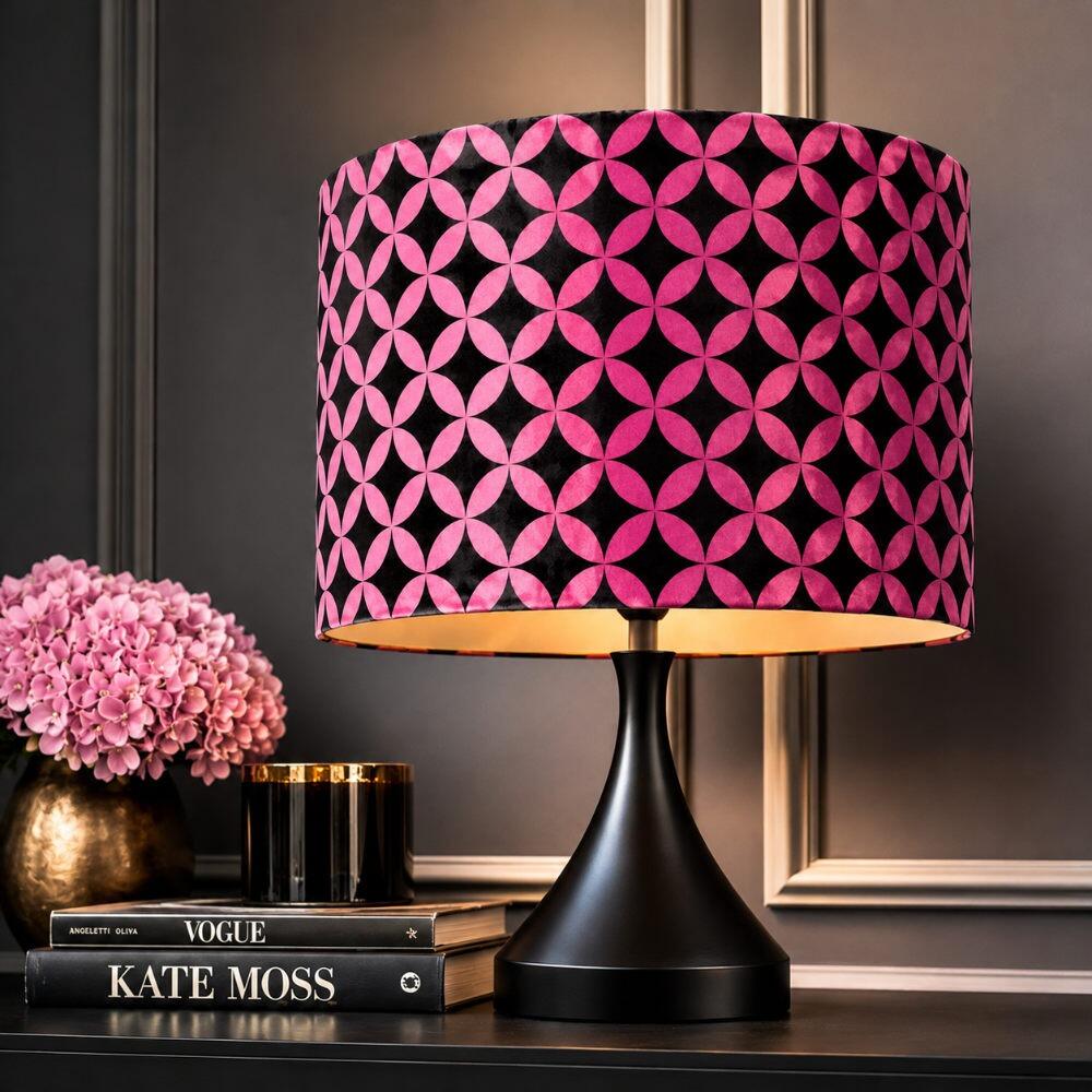 Pink Retro Circles Velvet Lampshade on Table Lamp