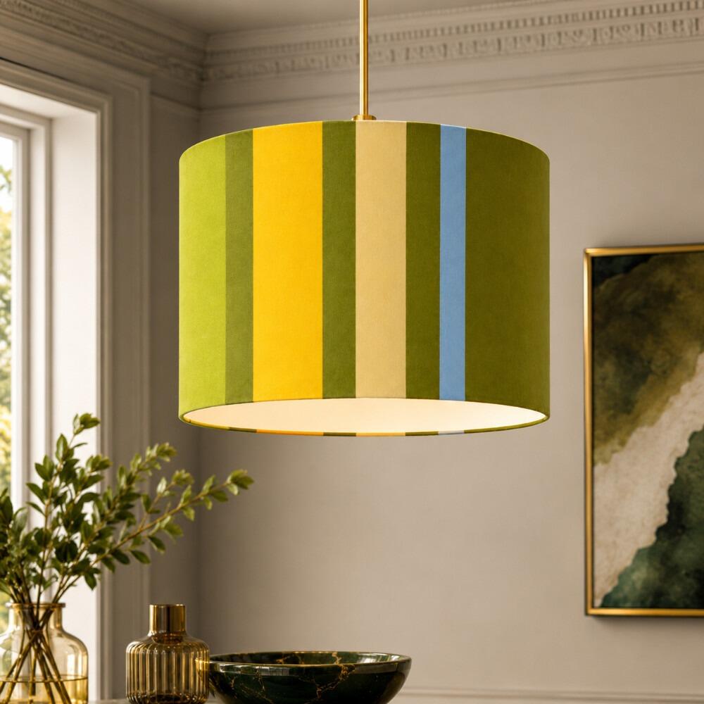 Green and Yellow Stripe Velvet Lampshade on Ceiling Pendant