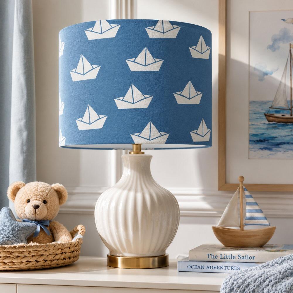 Blue Paper Boats Nautical Velvet Lampshade on Table Lamp