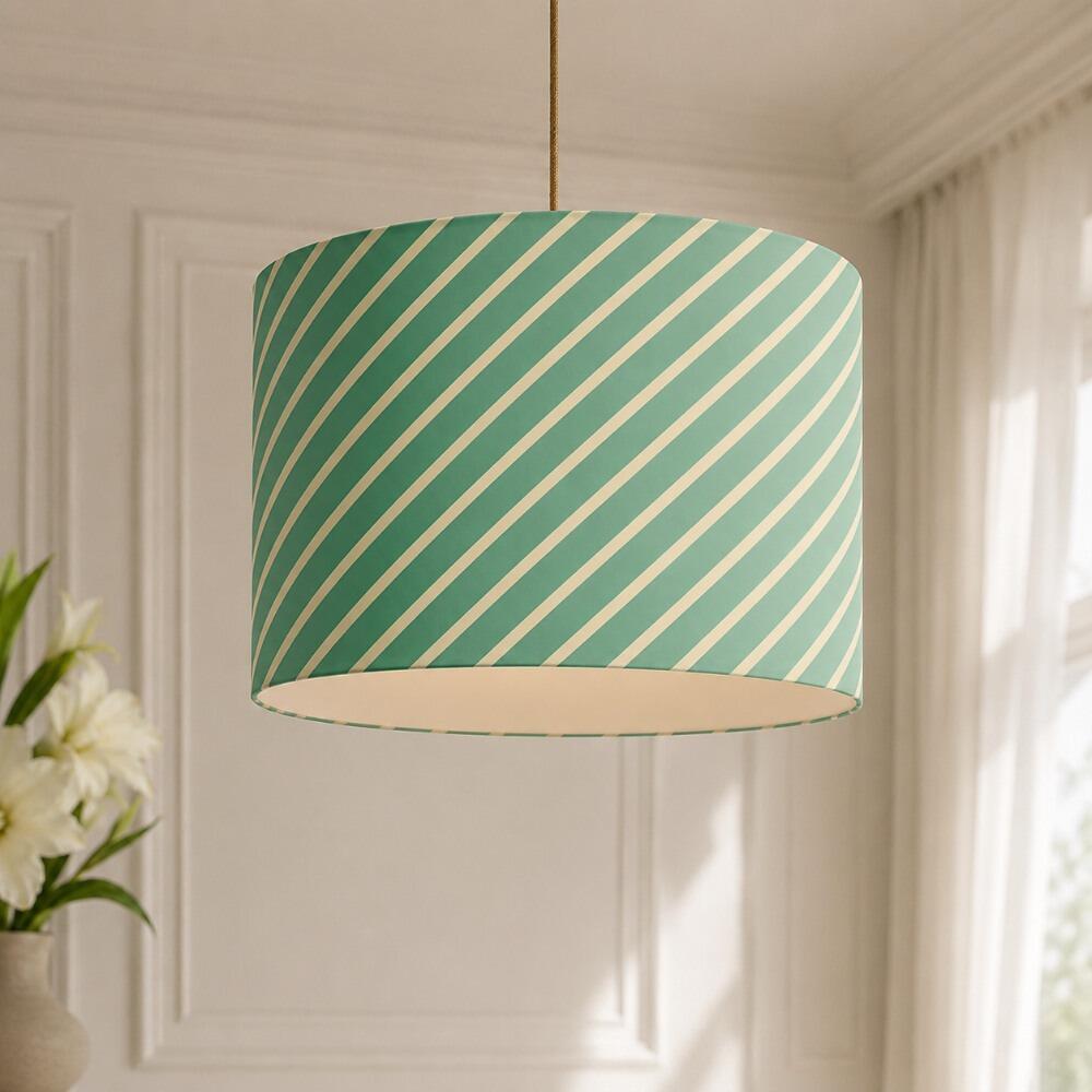 Green and Cream Candy Stripe Velvet Lampshade on Ceiling Pendant