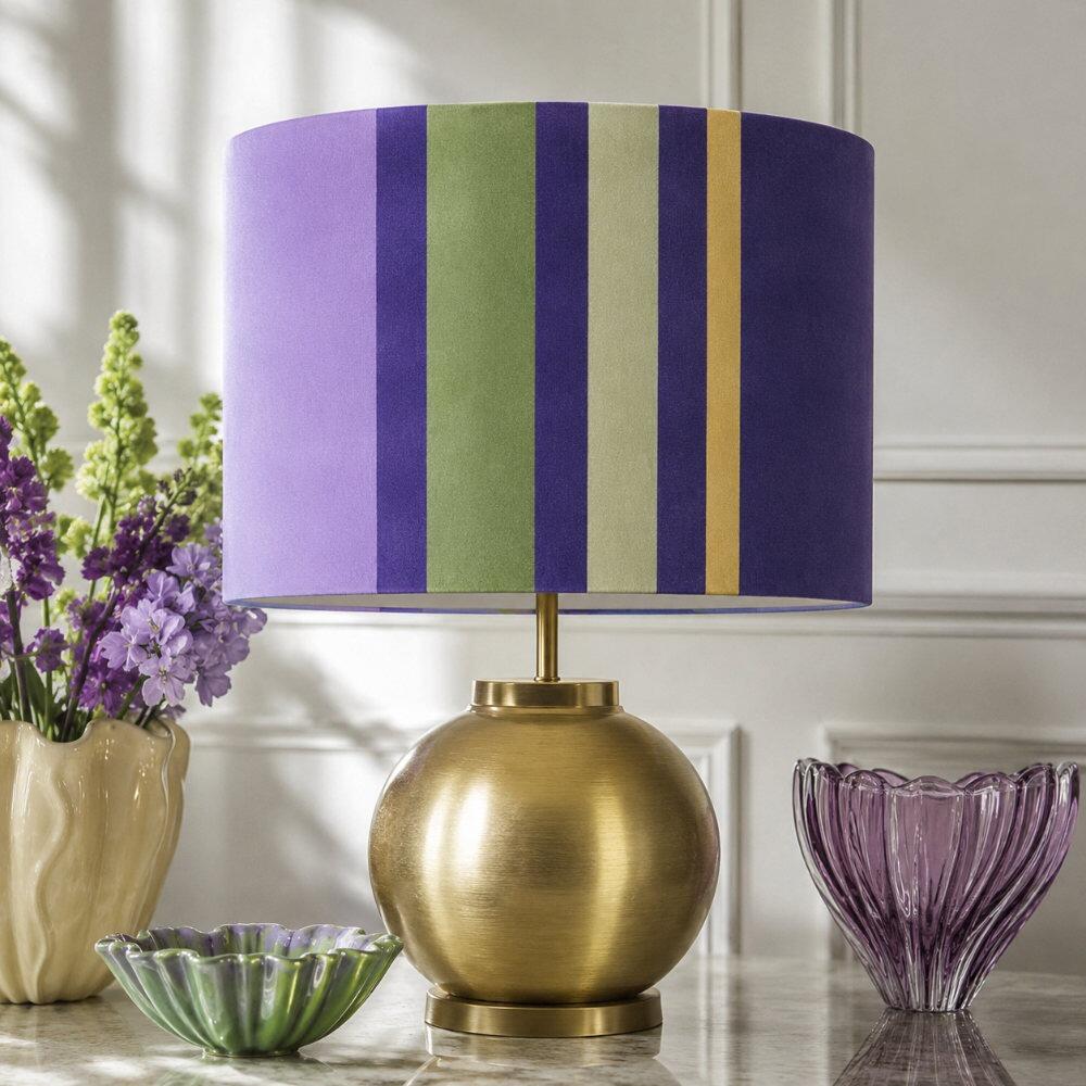 Purple and Green Stripe Velvet Lampshade on Table Lamp