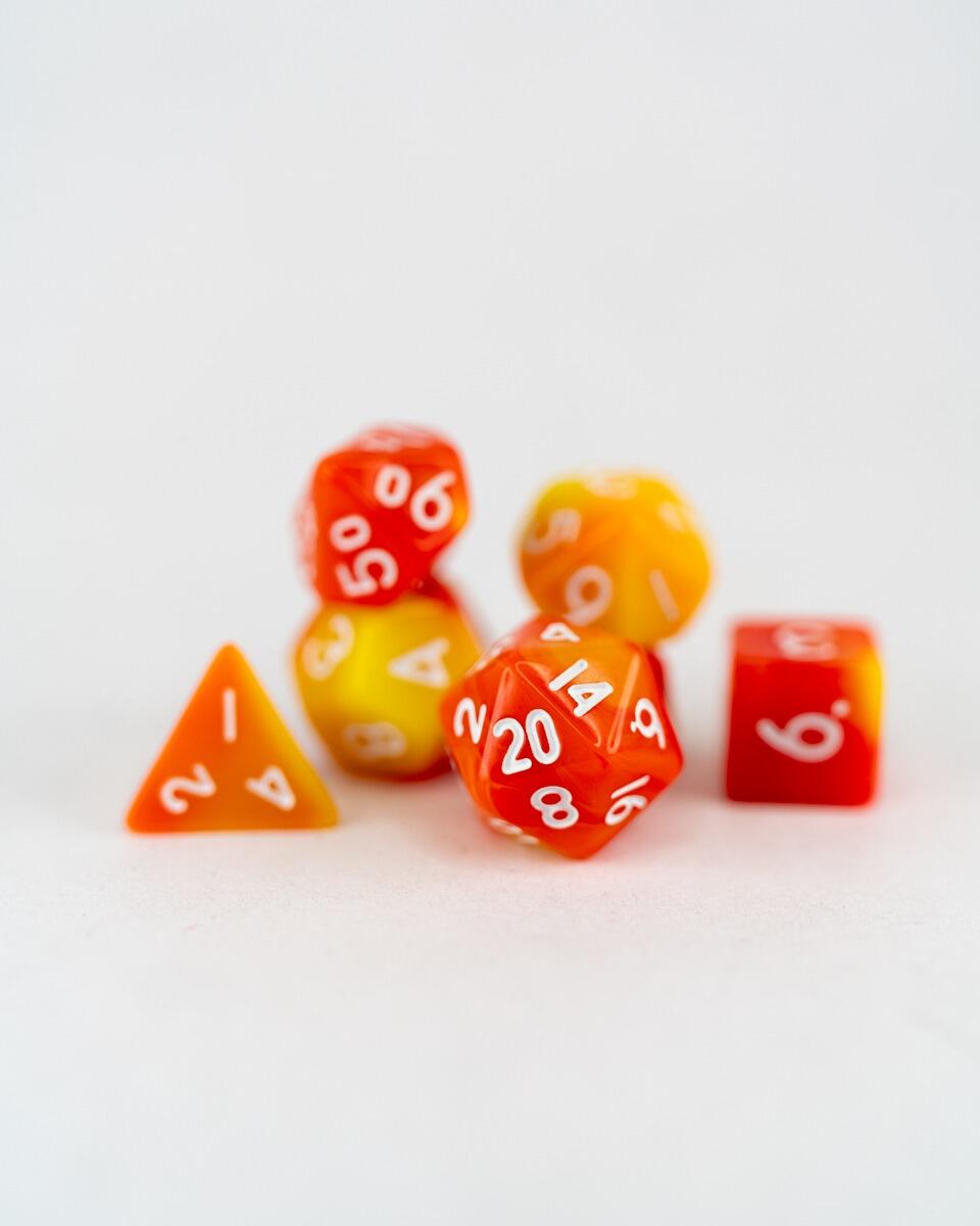 Flameseed | Orange and Yellow Swirl | 7 Piece Mini Acrylic Polyhedral ...