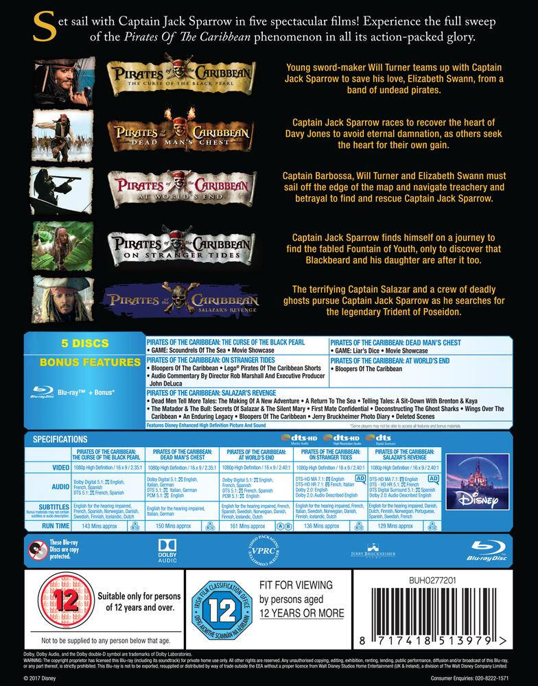 Pirates Of The Caribbean - 1 to 5 Movie Collection Blu-Ray