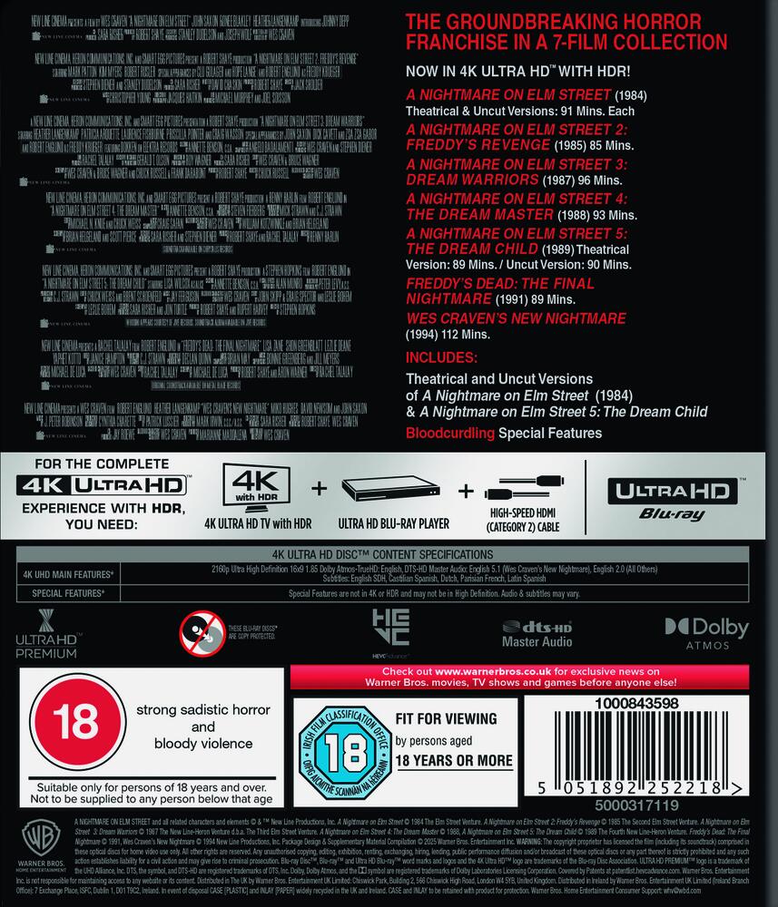 A Nightmare On Elm Street 1 to 7 Film Collection 4K Ultra HD + Blu-Ray