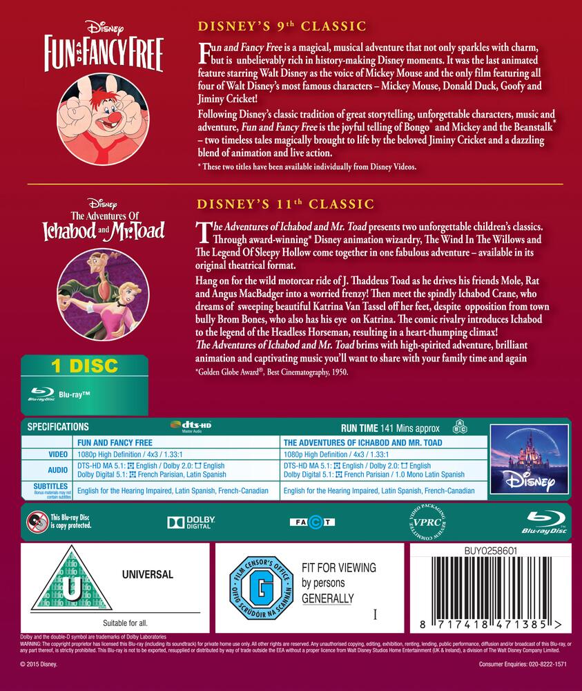 Fun And Fancy Free / The Adventures Of Ichabod And Mr Toad Blu-Ray