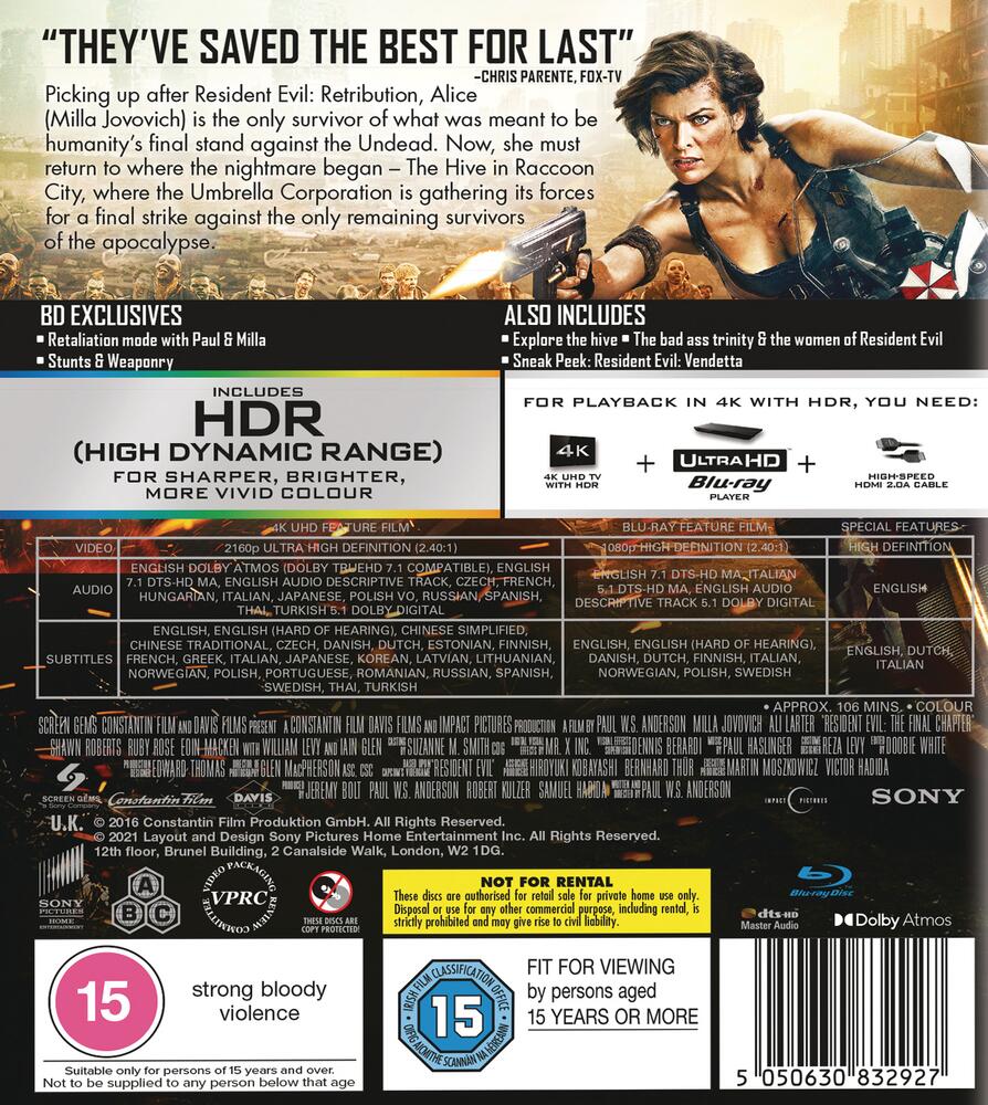 Resident Evil - The Final Chapter 4K Ultra HD + Blu-Ray