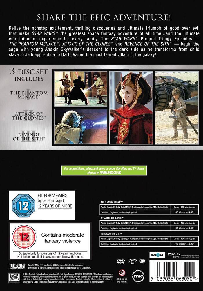 Star Wars Trilogy - The Phantom Menace I / Attack Of The Clones II / Revenge Of The Sith III DVD