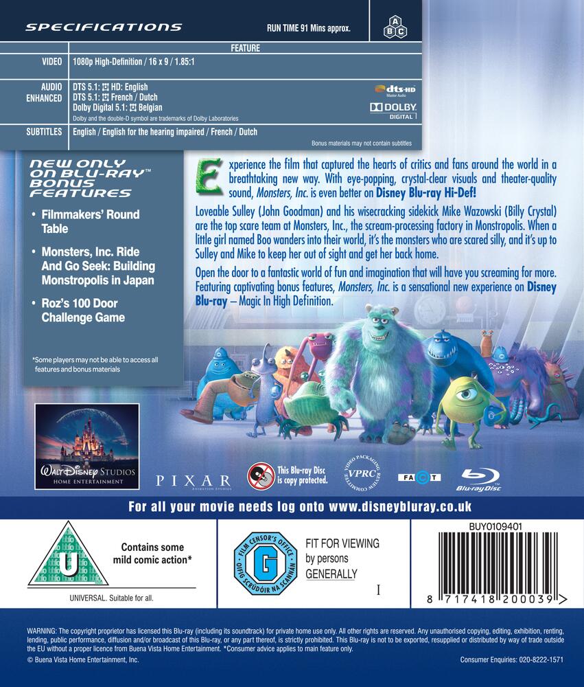Monsters Inc Blu-Ray