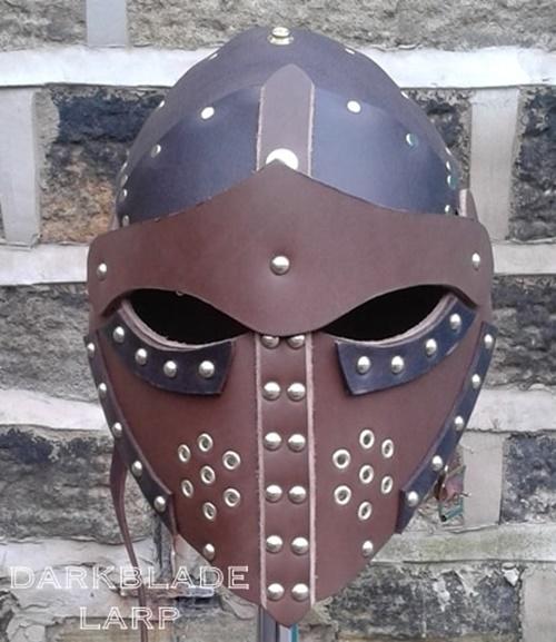 Leather helmet with a full faceplate