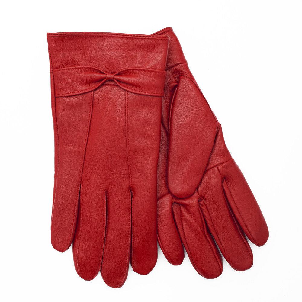 Ladies Soft Leather Fleece Lined Gloves with Bow