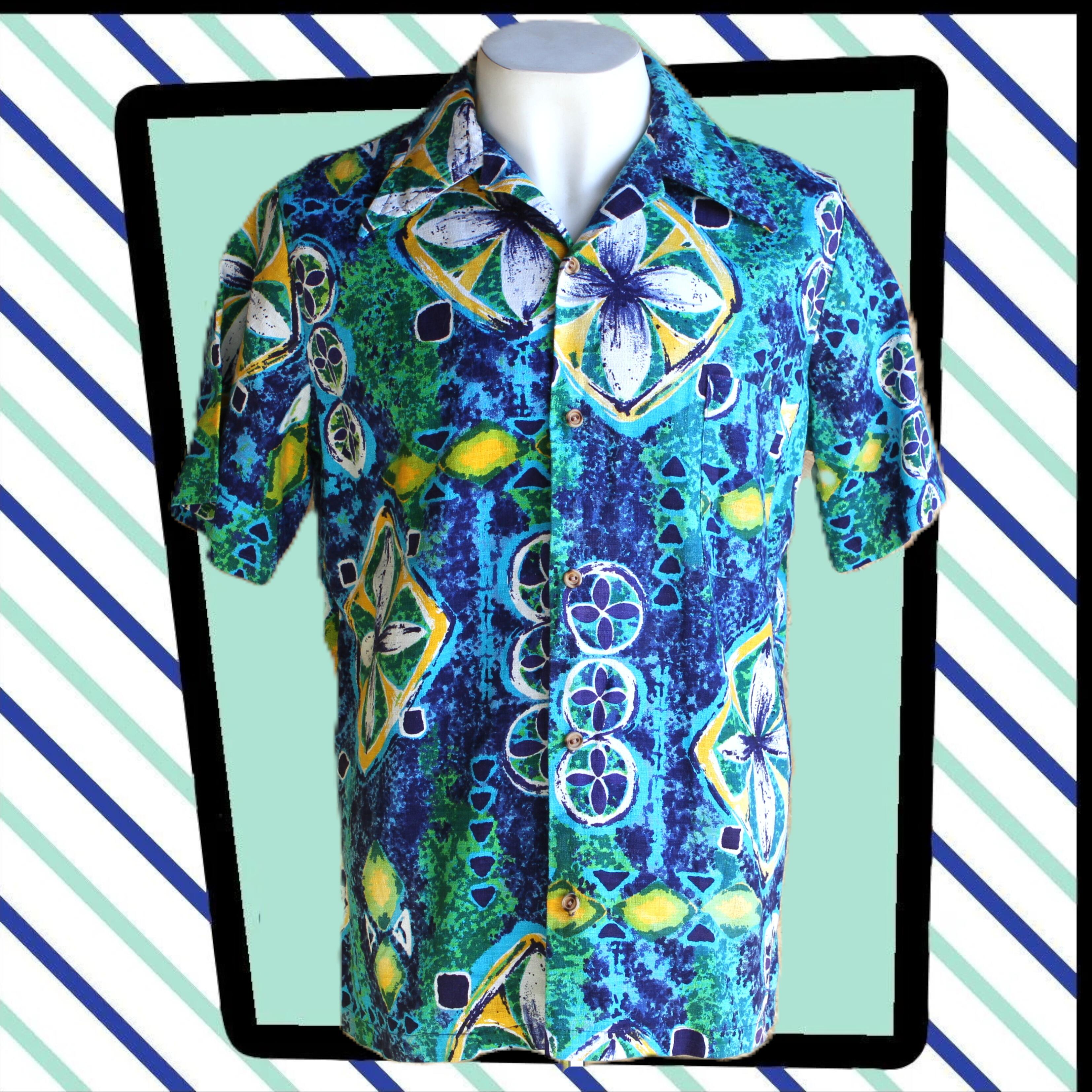 amazing original vintage 70s JC Penney Hawaiian style shirt in a super cool blue, green, white and orange absract design