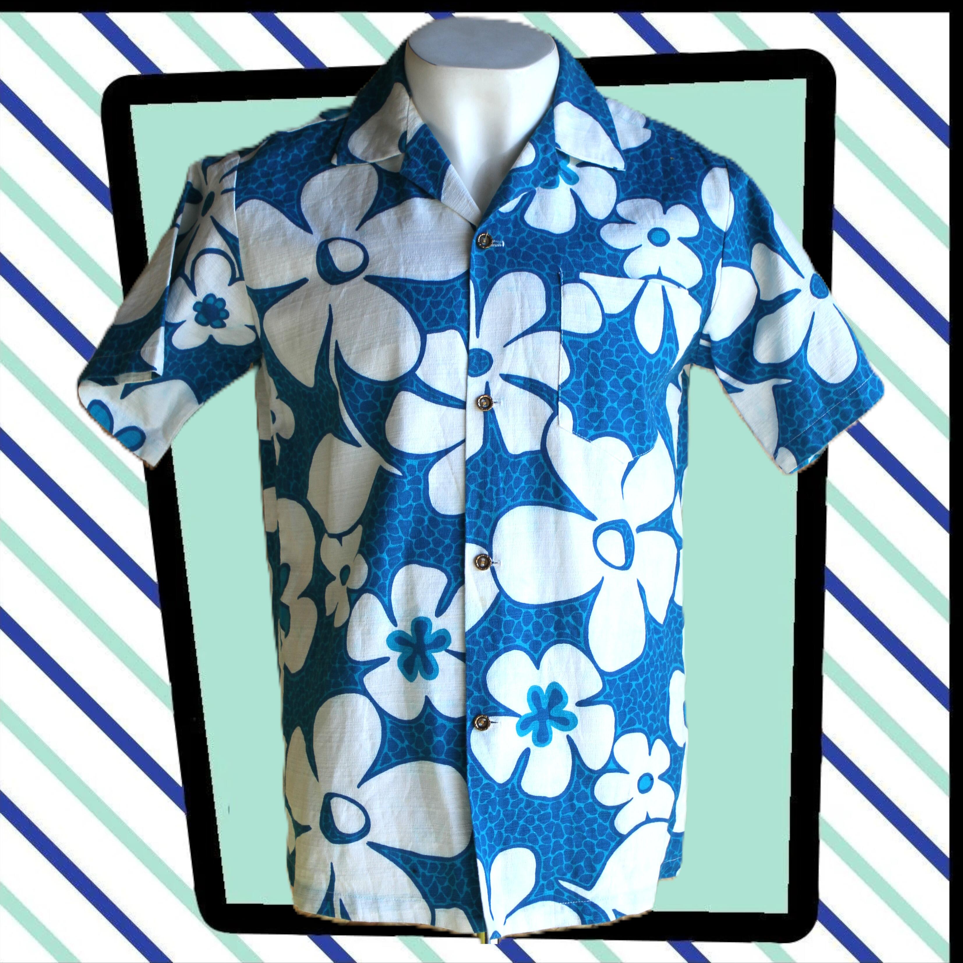amazing original vintage 60s Tahiti Imports Hawaiian shirt in blue with a white floral design