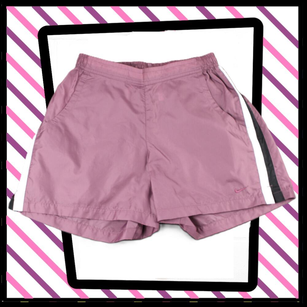 Nike lightweight sports shorts, in mauve with white and black vertical stripes at the side
