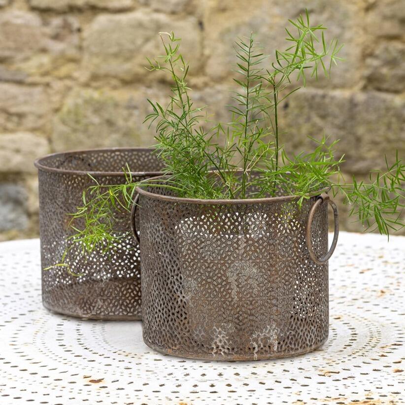 Set of 2 vintage rustic lantern pots with plants