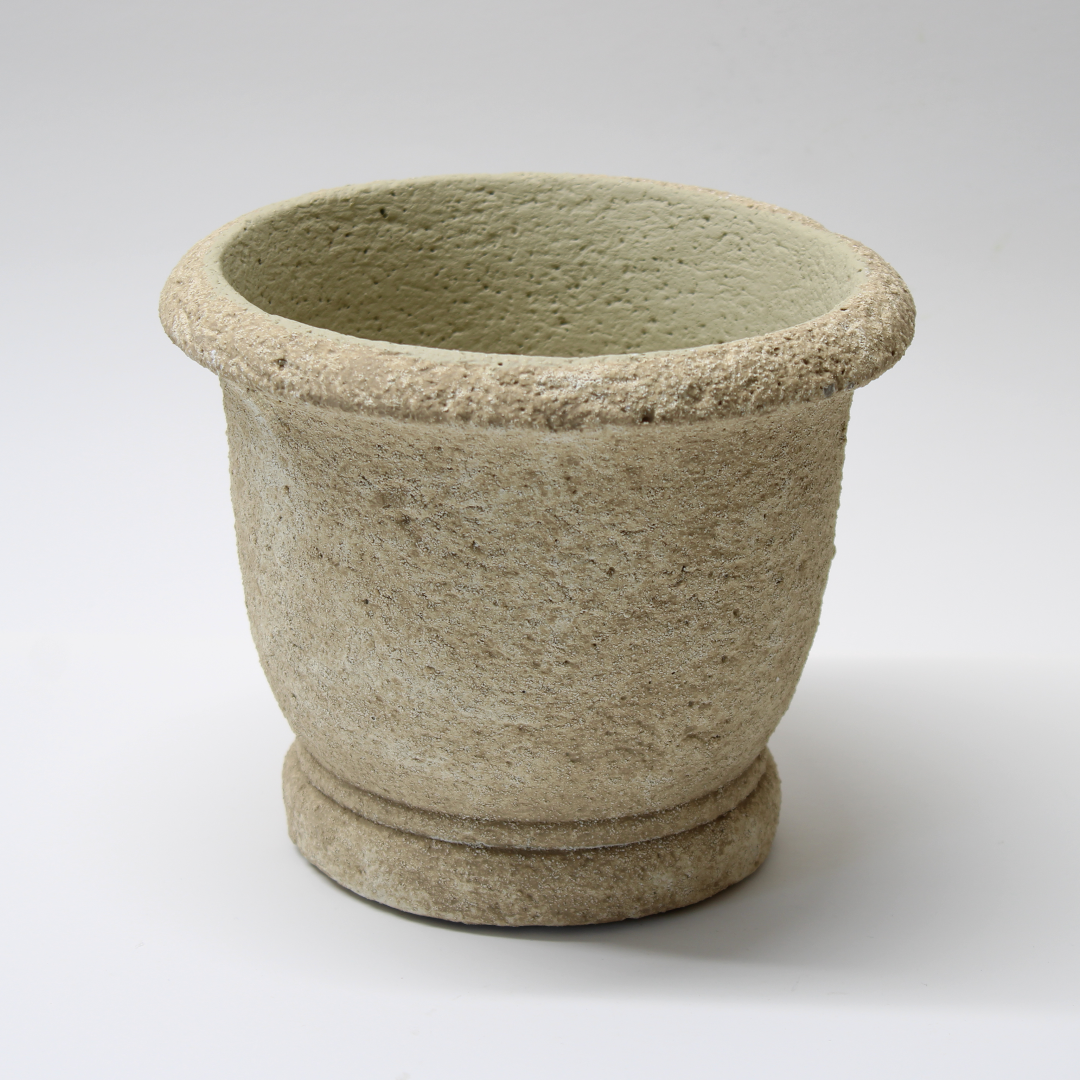 distressed cement plant pot view from the front above