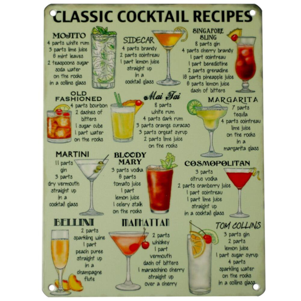 Retro metal wall sign with a collection of classic cocktail recipes