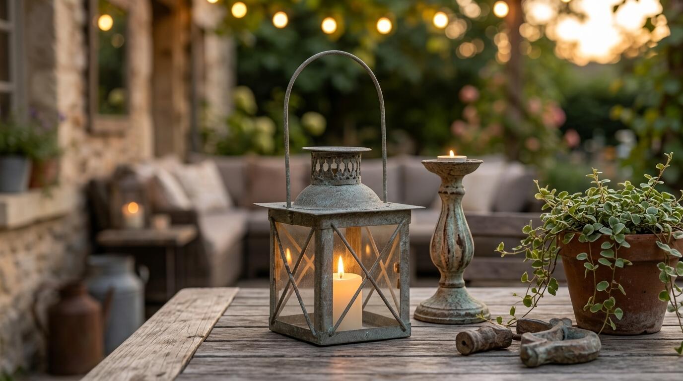 Vintage candle lantern on a garden table with rustic items