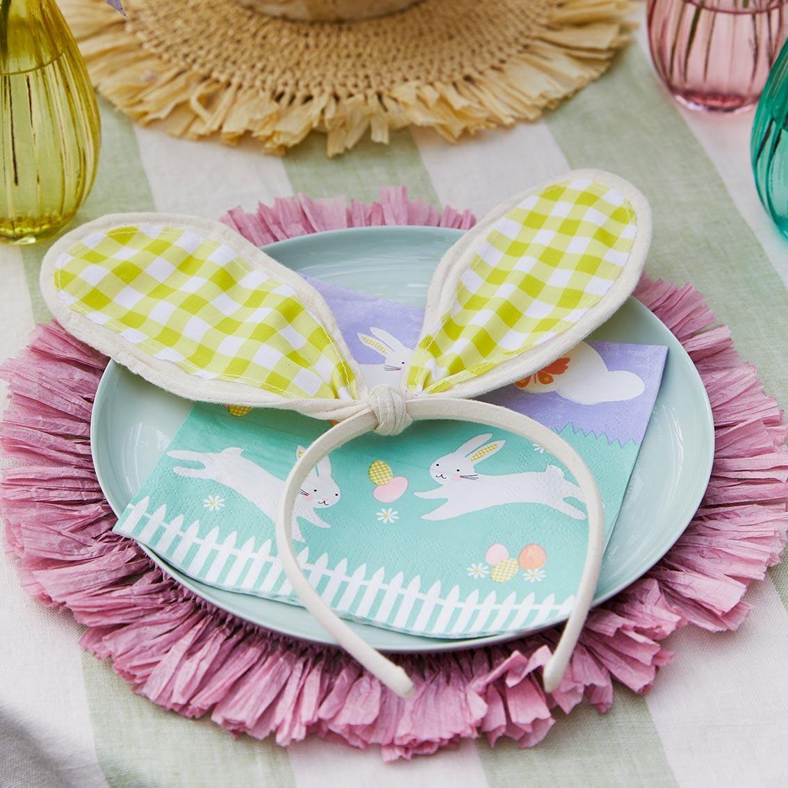 Handcrafted pink raffia placemat easter bunny tea party