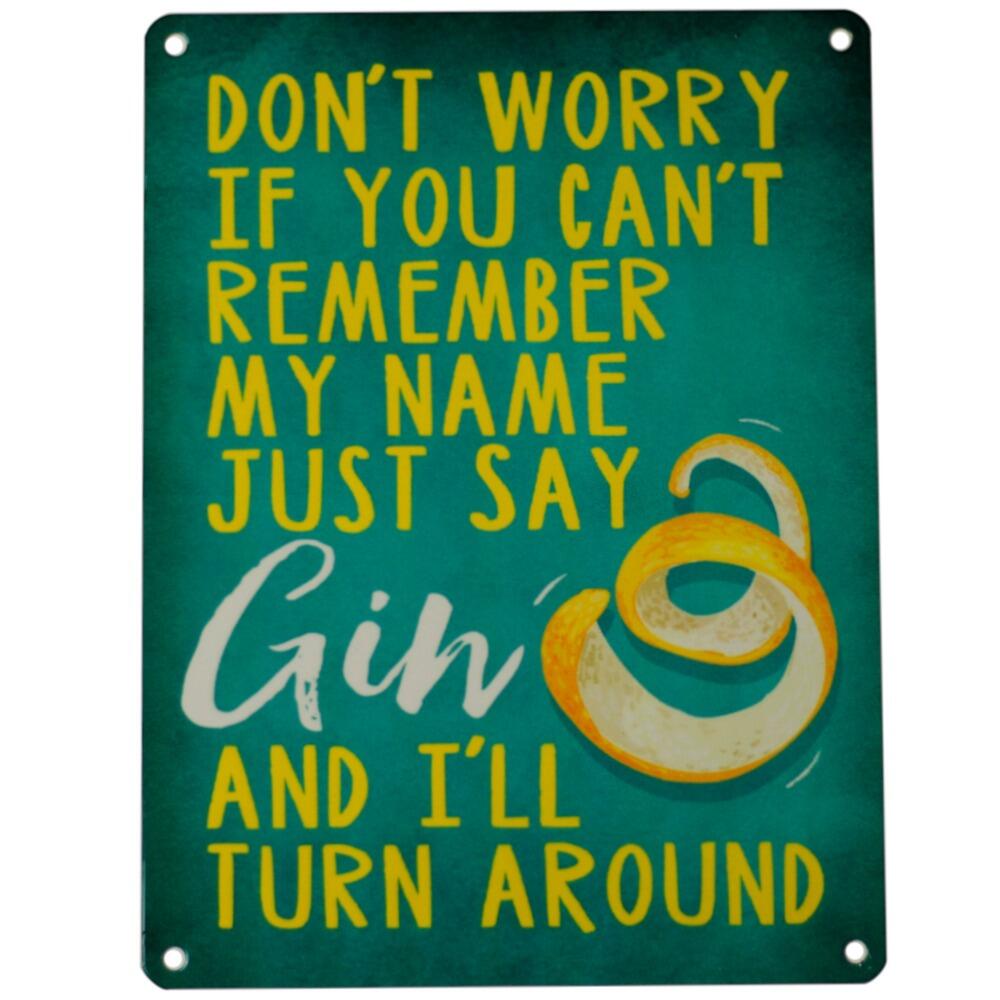 Retro metal wall art with the slogan don't worry if you cant remember my name just say gin and I'll turn around
