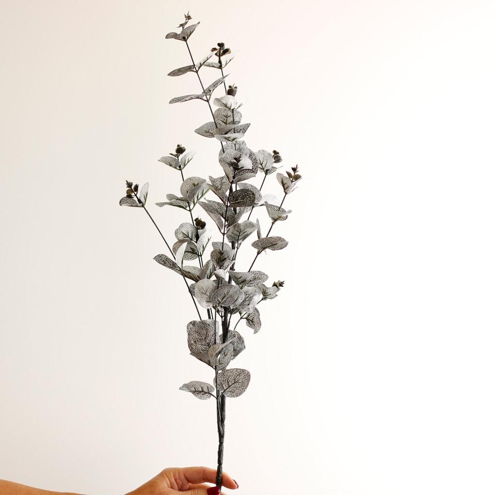 realistic faux eucalyptus spray with long 90cm stem black and silver