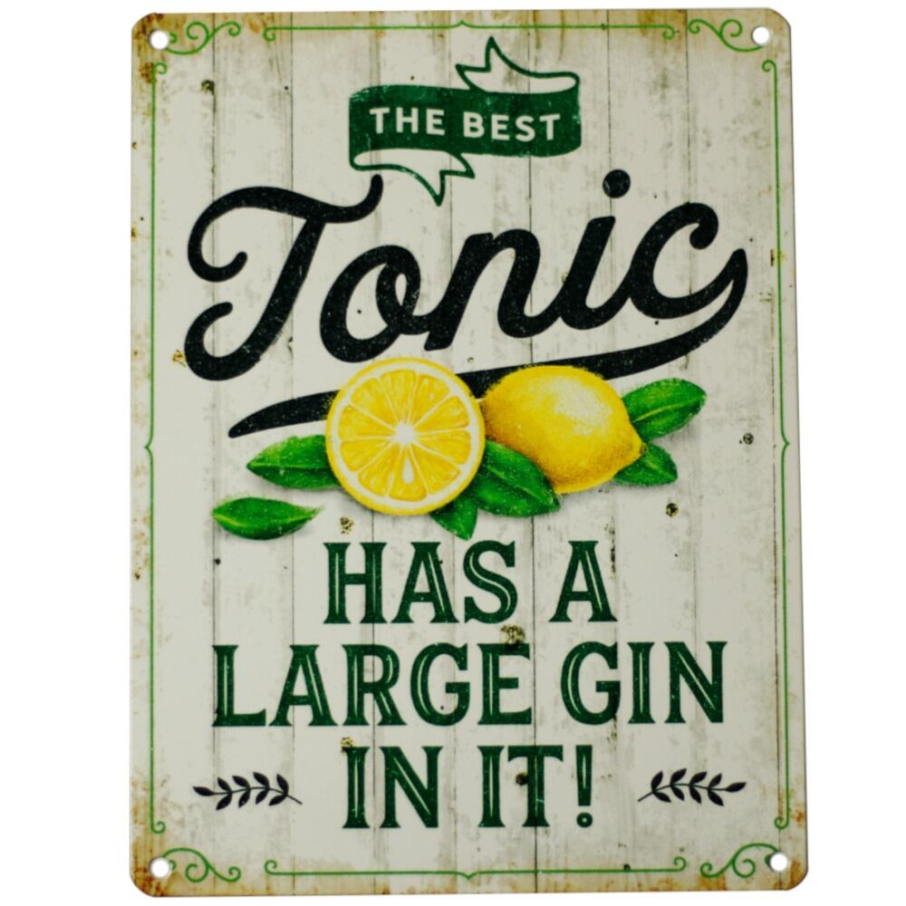 retro metal wall art with slogan the best tonic has a large gin in it
