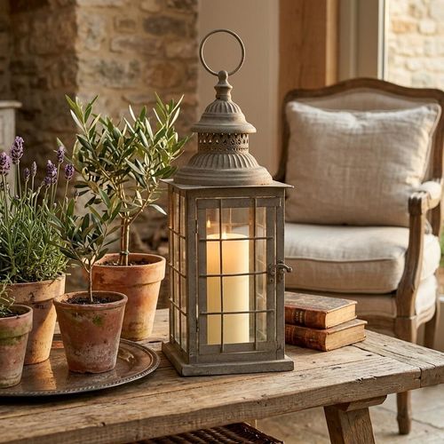 rustic lantern on a table with terracotta pots